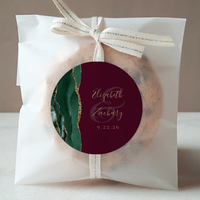 Agate Emerald Green Gold Script Burgundy Wedding Classic Round Sticker (Creator Uploaded)