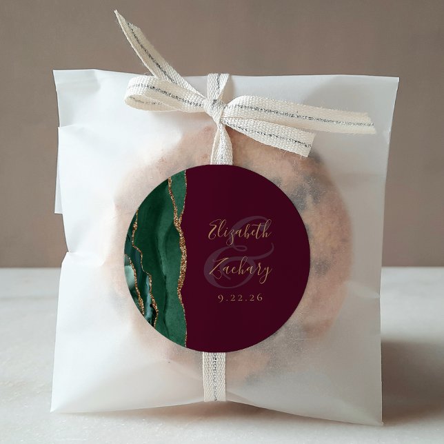 Agate Emerald Green Gold Script Burgundy Wedding Classic Round Sticker (Creator Uploaded)