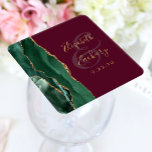 Agate Emerald Green Gold Script Burgundy Wedding Square Paper Coaster<br><div class="desc">This elegant modern wedding coaster features an emerald green watercolor agate geode design trimmed with faux gold glitter. Easily customise the gold-coloured text on a burgundy red background,  with the names of the bride and groom in handwriting calligraphy over a large ampersand.</div>