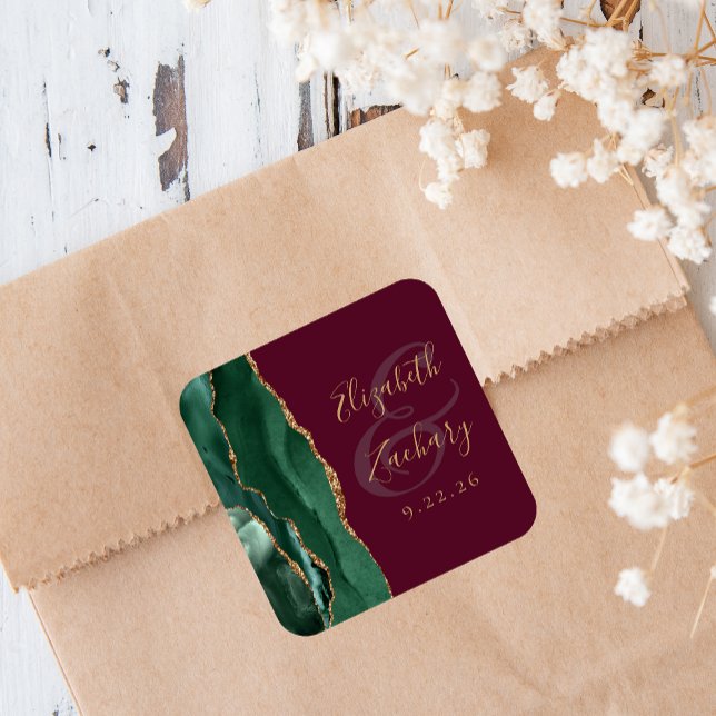 Agate Emerald Green Gold Script Burgundy Wedding Square Sticker (Creator Uploaded)