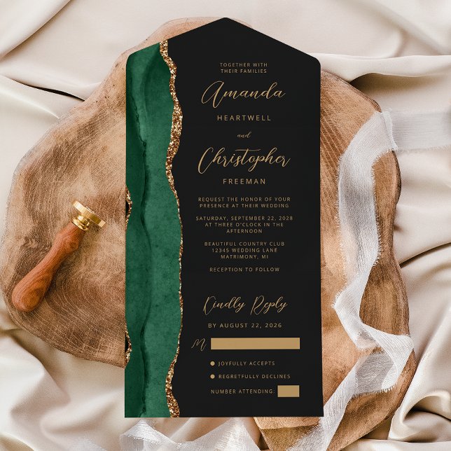 Agate Emerald Green Gold Script Dark Wedding All In One Invitation (Creator Uploaded)