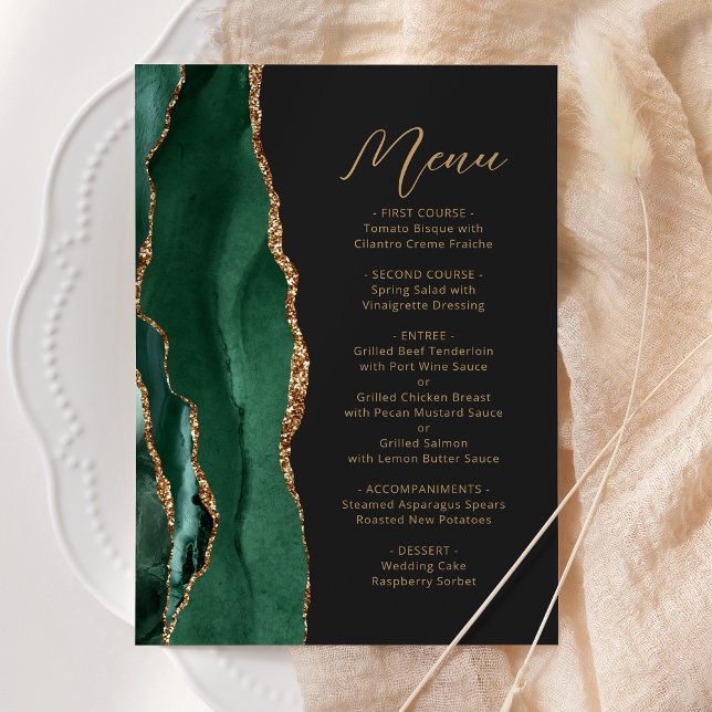 Agate Emerald Green Gold Script Dark Wedding Menu (Creator Uploaded)