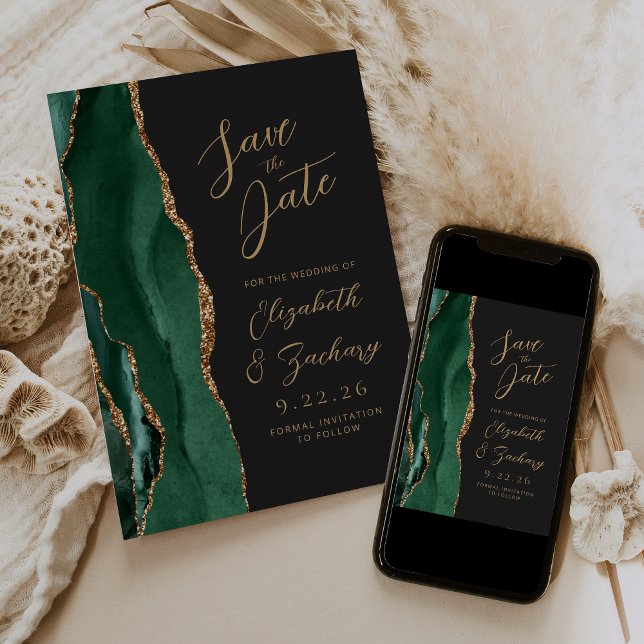 Agate Emerald Green Gold Script Dark Wedding Save Save The Date (Creator Uploaded)