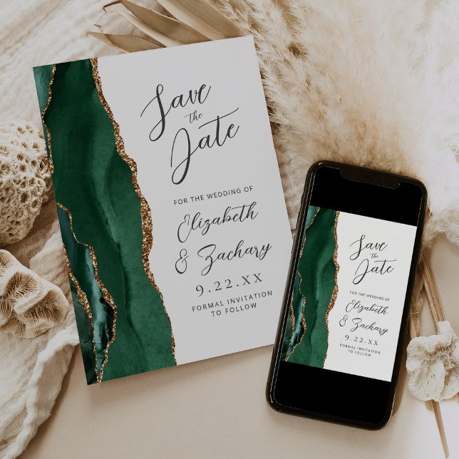 Agate Emerald Green Gold Script Wedding Save The Date (Creator Uploaded)