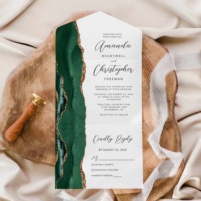 Agate Emerald Green Gold Wedding All In One Invitation (Creator Uploaded)