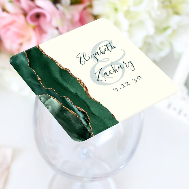 Agate Emerald Green Ivory Gold Script Wedding Square Paper Coaster (Creator Uploaded)