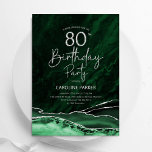 Agate Emerald Green Silver 80th Birthday Invitation<br><div class="desc">Emerald green and silver agate 80th birthday party invitation. Elegant modern design featuring watercolor agate marble geode background,  faux glitter silver and typography script font. Trendy invite card perfect for a stylish women's bday celebration. Printed Zazzle invitations or instant download digital printable template.</div>