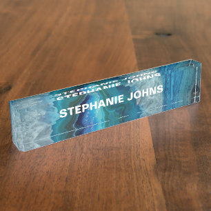 Agate Gemstone Geode Blue Turquoise White Patterns Nameplate