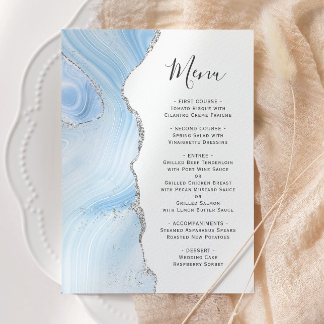 Agate Geode Baby Blue Silver Glitter Wedding Menu (Creator Uploaded)
