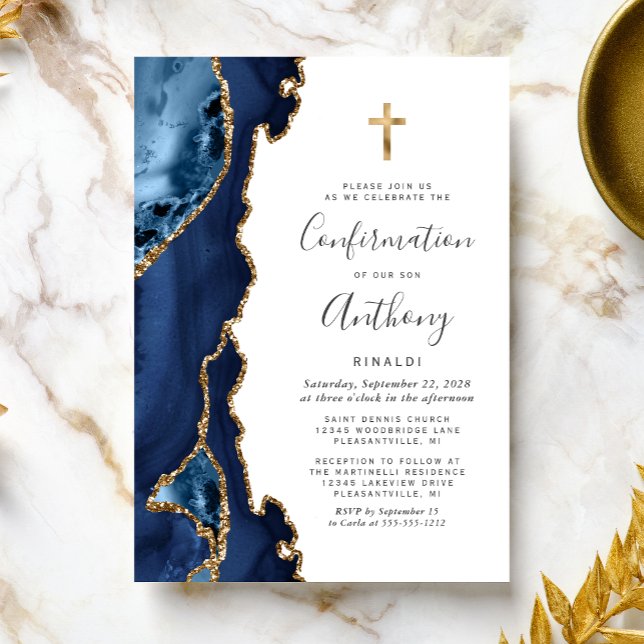 Agate Geode Blue Gold Glitter Confirmation Invitation (Creator Uploaded)