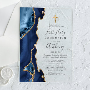 Agate Geode Blue Gold Glitter First Holy Communion Acrylic Invitations