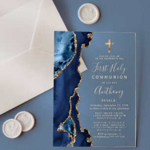 Agate Geode Blue Gold Text First Holy Communion Acrylic Invitations