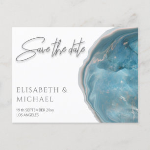 Agate geode blue rose gold calligraphy announcemen announcement postcard