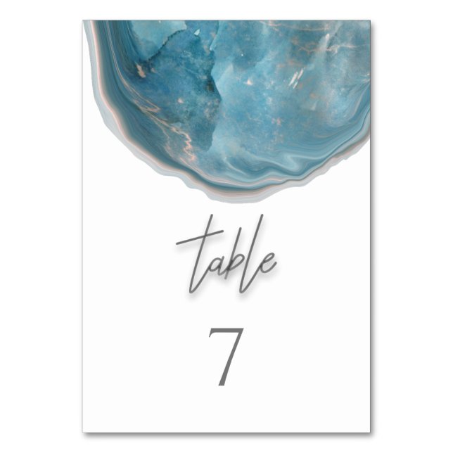 Agate geode blue rose gold calligraphy table number (Front)