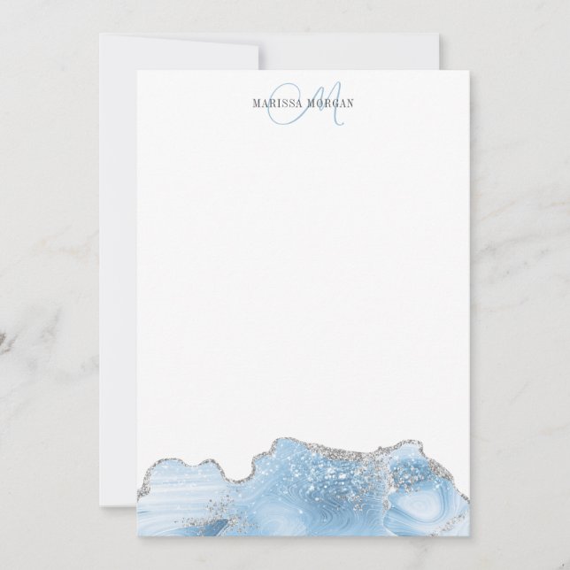 Agate Geode Blue Silver Monogram Card (Front)