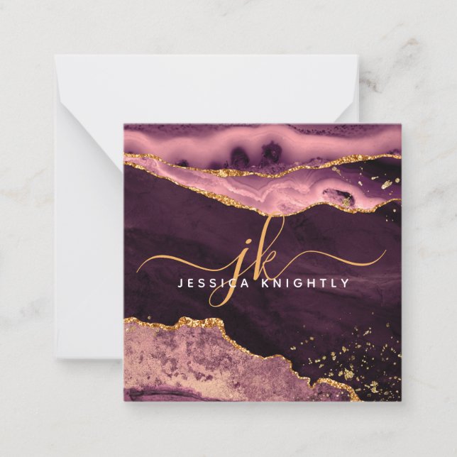 Agate Geode Burgundy Gold Glitter Script Monogram Card (Front)