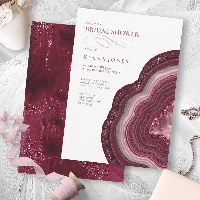 Agate Geode Glitter Bridal Shower Burgundy ID647 Invitation (Front/Back In Situ)