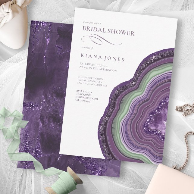 Agate Geode Glitter Bridal Shower Violet ID647 Invitation (Front/Back In Situ)