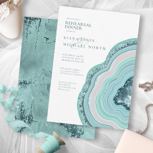 Agate Geode Glitter Rehearsal Dinner Teal ID647 Invitation
