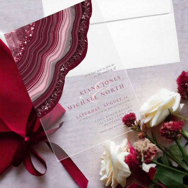 Agate Geode Glitter Wedding Burgundy ID647 Acrylic Invitations (Creator Uploaded)