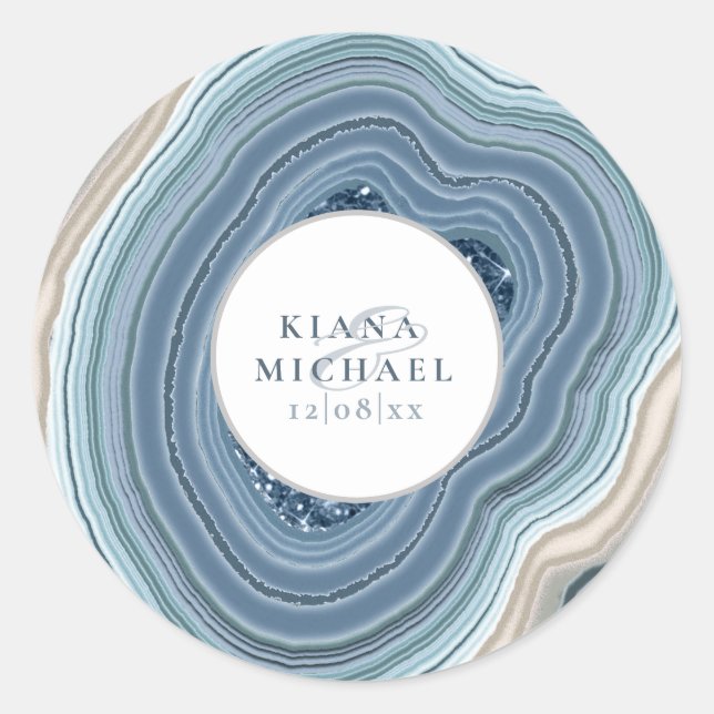 Agate Geode Glitter Wedding Dusty Blue ID647 Classic Round Sticker (Front)