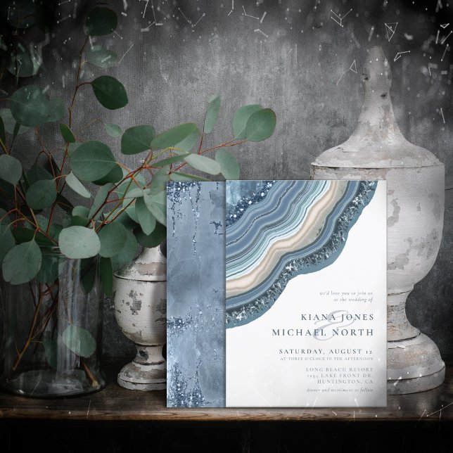 Agate Geode Glitter Wedding Dusty Blue ID647 Invitation (Creator Uploaded)