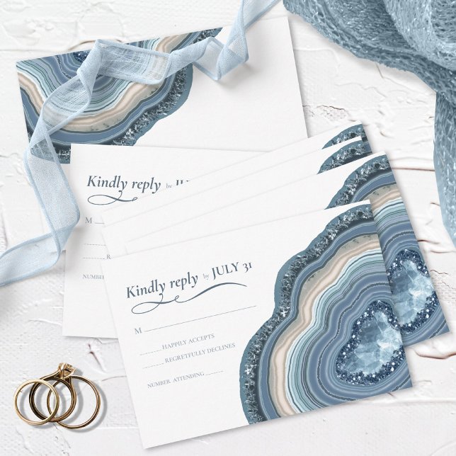 Agate Geode Glitter Wedding Dusty Blue ID647 RSVP Card (Creator Uploaded)