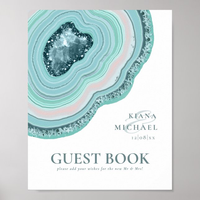 Agate Geode Glitter Wedding Guest Book Teal ID647 (Front)