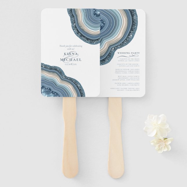 Agate Geode Glitter Wedding Party Dusty Blue ID647 Hand Fan (Front and Back)