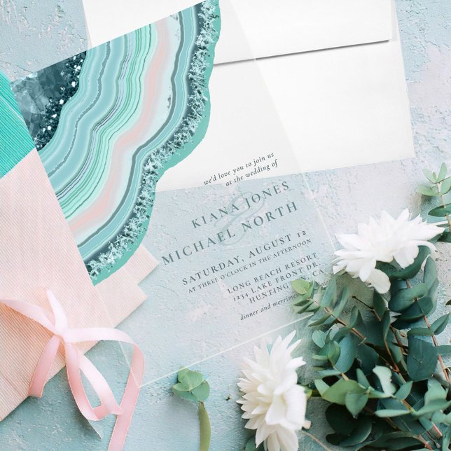 Agate Geode Glitter Wedding Teal ID647 Acrylic Invitations (Creator Uploaded)