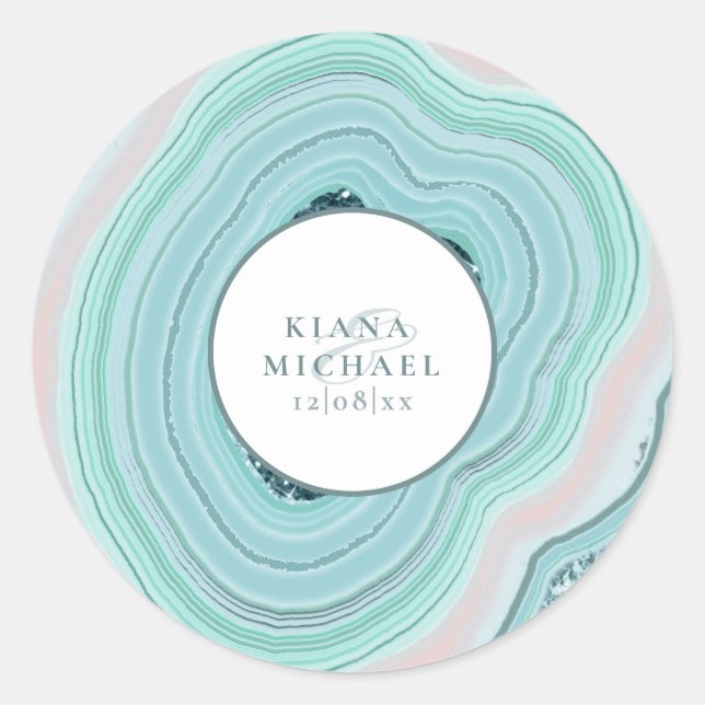 Agate Geode Glitter Wedding Teal ID647 Classic Round Sticker (Front)