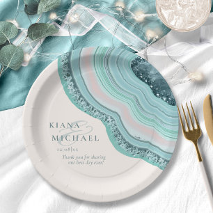 Agate Geode Glitter Wedding Teal ID647 Paper Plate