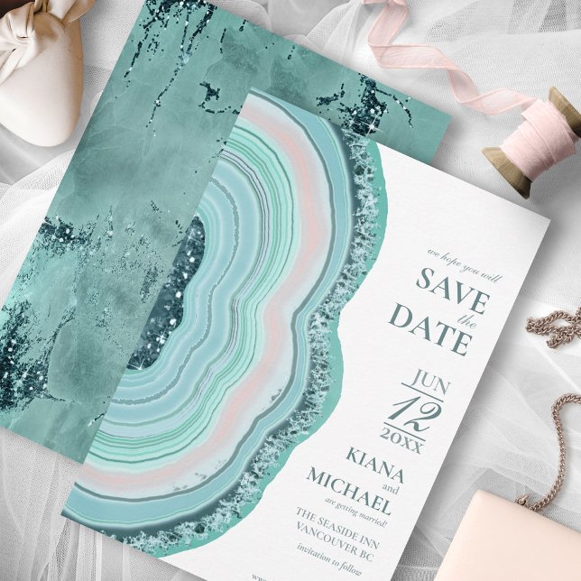 Agate Geode Glitter Wedding Teal ID647 Save The Date (Creator Uploaded)