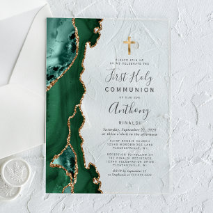 Agate Geode Green Gold First Holy Communion Acrylic Invitations