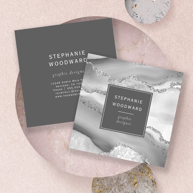 Agate Geode Grey White Silver Faux Glitter Square Business Card (Creator Uploaded)