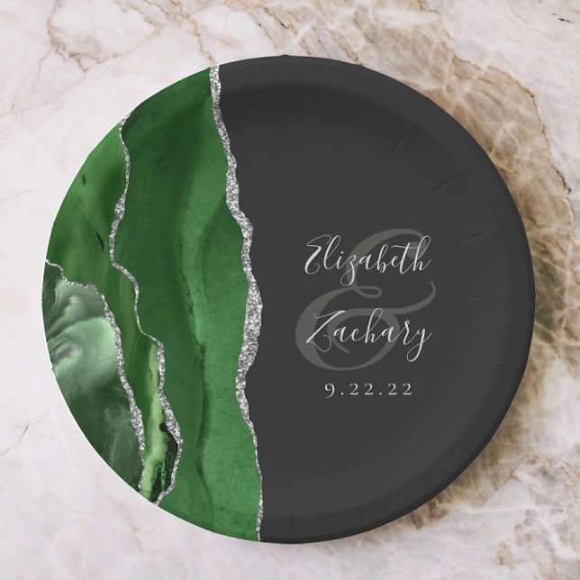 Agate Geode Hunter Green Silver Dark Wedding Paper Plate (Creator Uploaded)