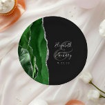 Agate Geode Hunter Green Silver Dark Wedding Paper Plate<br><div class="desc">These elegant modern wedding plates feature a green watercolor design trimmed with faux silver glitter. Easily customise the silver grey text on an off-black background,  with the names of the bride and groom in handwriting calligraphy over a large ampersand.</div>