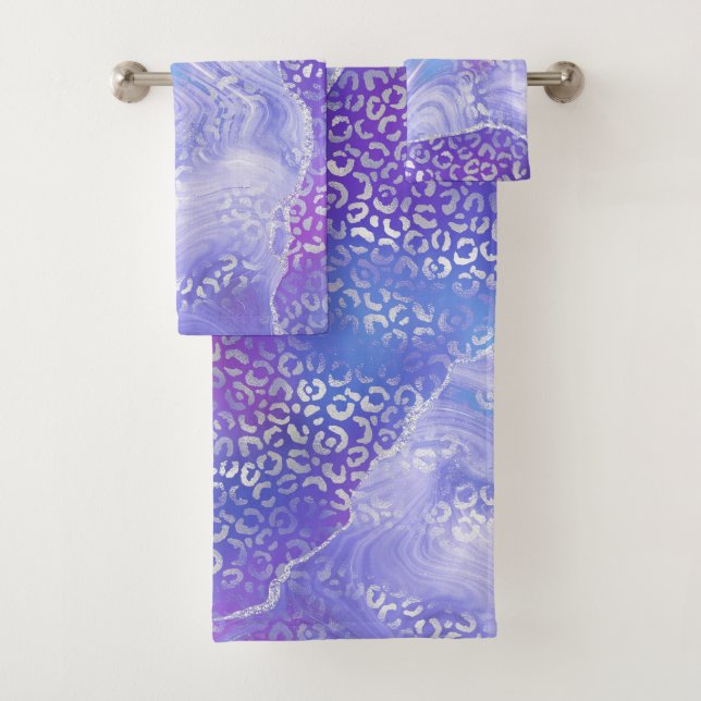 Agate Geode Leopard Print Purple and Silver Bath Towel Set (Insitu)