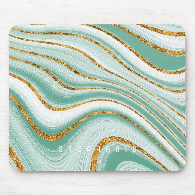 Agate Geode Mint Green Gold Faux Glitter Monogram Mouse Pad (Front)