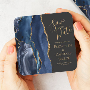 Agate Geode Navy Blue Gold Dark Save the Date Square Paper Coaster