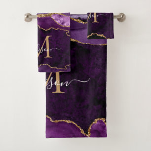 Agate Geode Purple Violet Gold Monogram Script Bath Towel Set