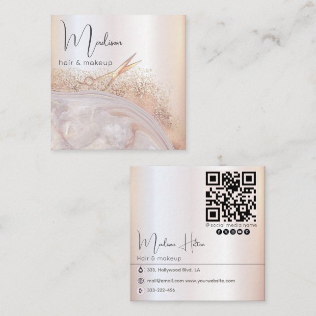Agate geode rose gold modern qr code square business card (Front/Back)