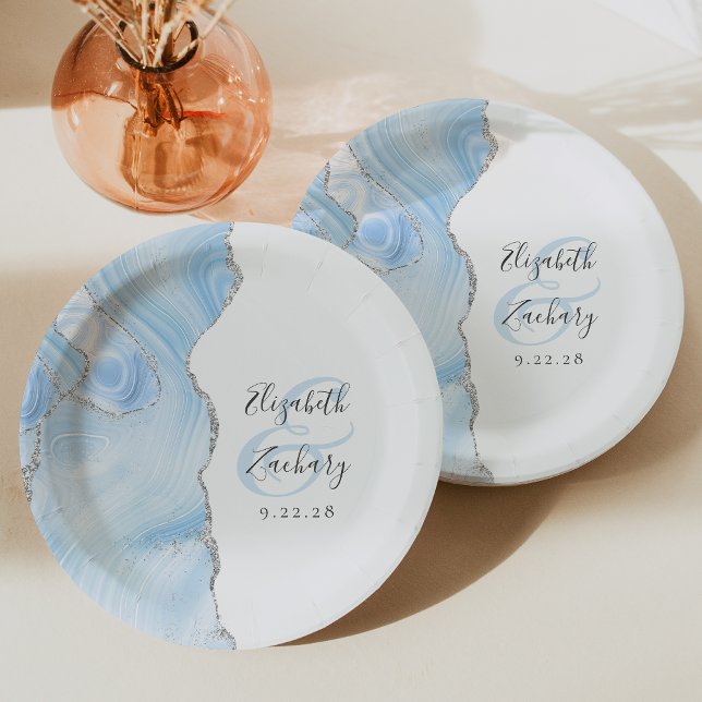 Agate Geode Script Baby Blue Silver Wedding Paper Plate (Creator Uploaded)