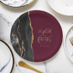 Agate Geode Script Black Gold Burgundy Paper Plate<br><div class="desc">These elegant modern wedding plates feature a black watercolor design trimmed with faux gold glitter. Easily customise the gold-coloured text on a burgundy background,  with the names of the bride and groom in handwriting calligraphy over a large ampersand.</div>