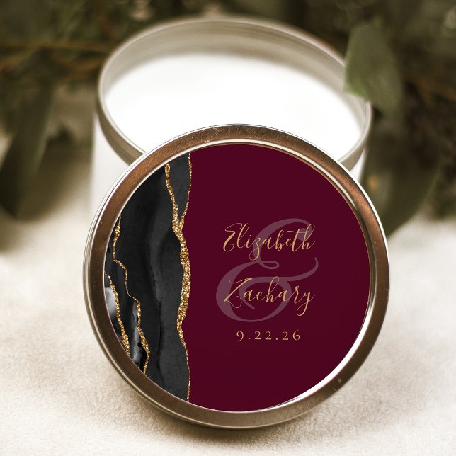 Agate Geode Script Black Gold Burgundy Wedding Classic Round Sticker (Creator Uploaded)
