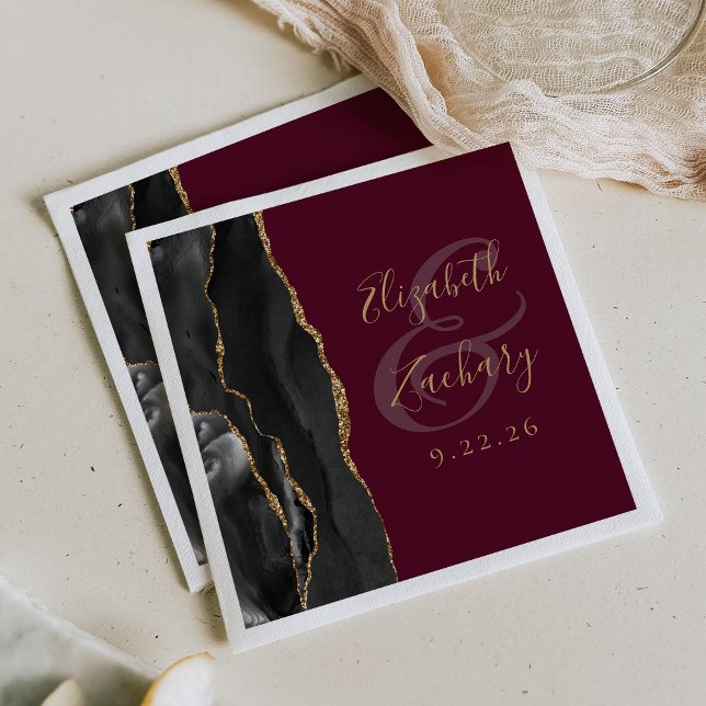 Agate Geode Script Black Gold Burgundy Wedding Napkin (Creator Uploaded)