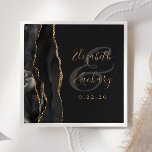 Agate Geode Script Black Gold Dark Wedding Napkin