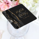 Agate Geode Script Black Gold Dark Wedding Square Paper Coaster<br><div class="desc">This elegant modern wedding coaster features a black watercolor agate geode design trimmed with faux gold glitter. Easily customise the gold coloured text on an off-black background,  with the names of the bride and groom in handwriting calligraphy over a large grey ampersand.</div>