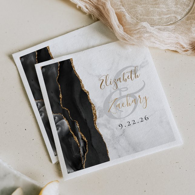 Agate Geode Script Black Gold Marble Wedding Napkin (Creator Uploaded)