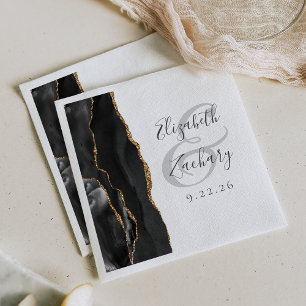 Agate Geode Script Black Gold Wedding Napkin